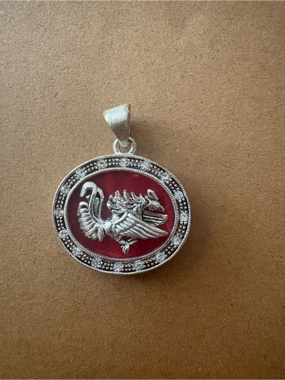 Silver Gamecocks Oval Pendant with Red Inset
